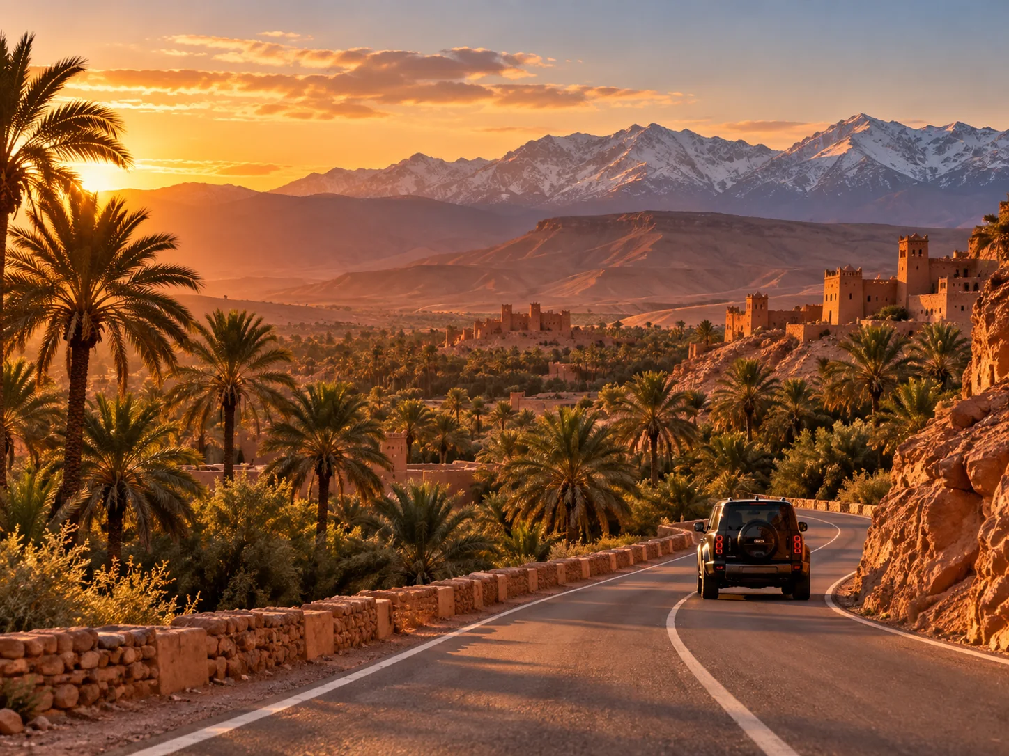 Atlas mountain road and oasis